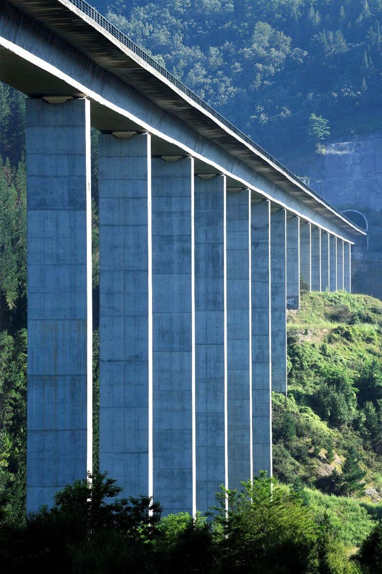 Obras de la Y Vasca - Vista lateral de un viaducto terminado con tablero de hormigón apoyado sobre altos pilares, atravesando un valle forestal con...